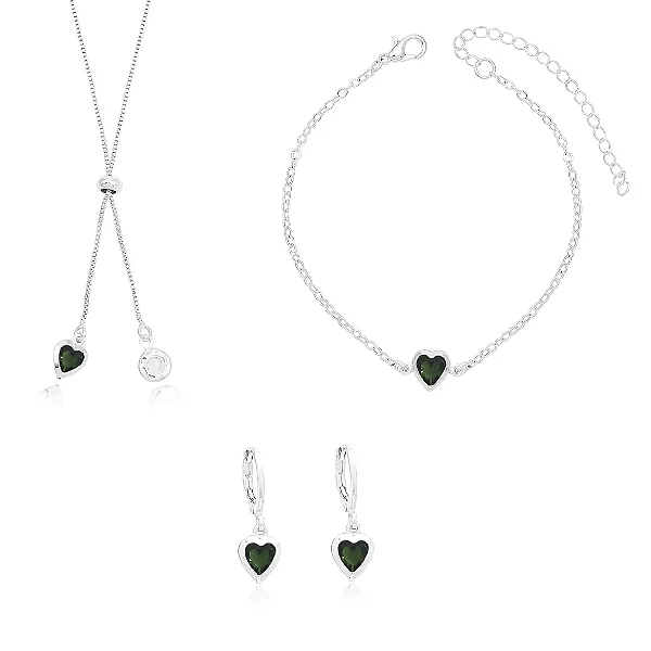 Conjunto Coração Strass Folheado Prata 1000