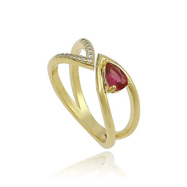 Anel Ajustável 2 Pontas com Pedra Gota Zircônia Folheado Ouro 18k