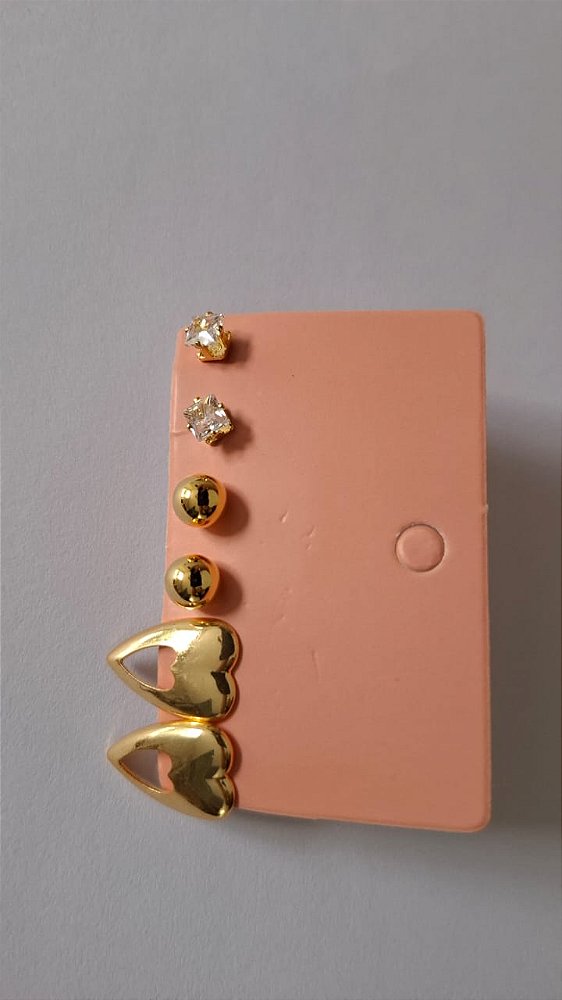 Trio de Brincos Folheados a Ouro 18K – Esfera, Ponto de Luz e Coração