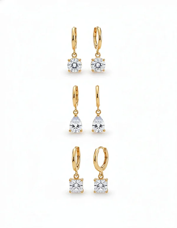 Trio de Brincos Argolas Pequenos com Zircônias Folheado a Ouro 18K