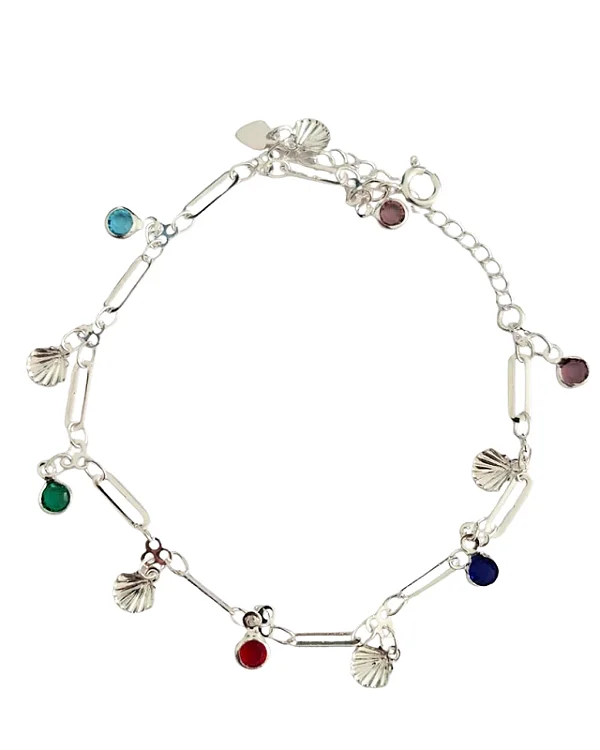 Pulseira Pendentes Concha do Mar e Strass Folheado Prata 1000