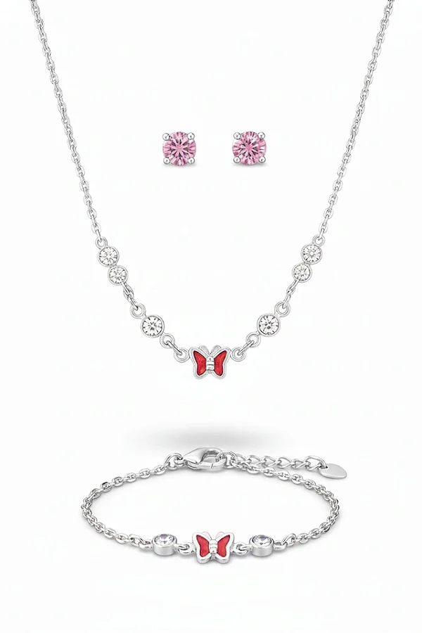 Conjunto Infantil Borboleta Rosa com Pedrinha Prata