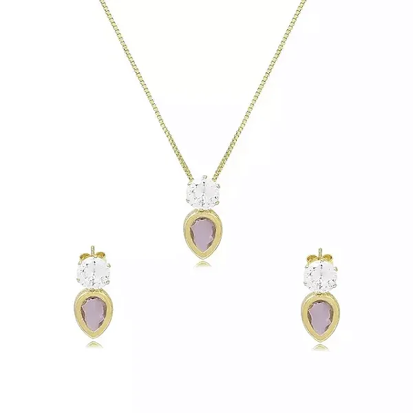 Conjunto Pedras Zircônias Redonda e Gota Banhado Ouro 18K