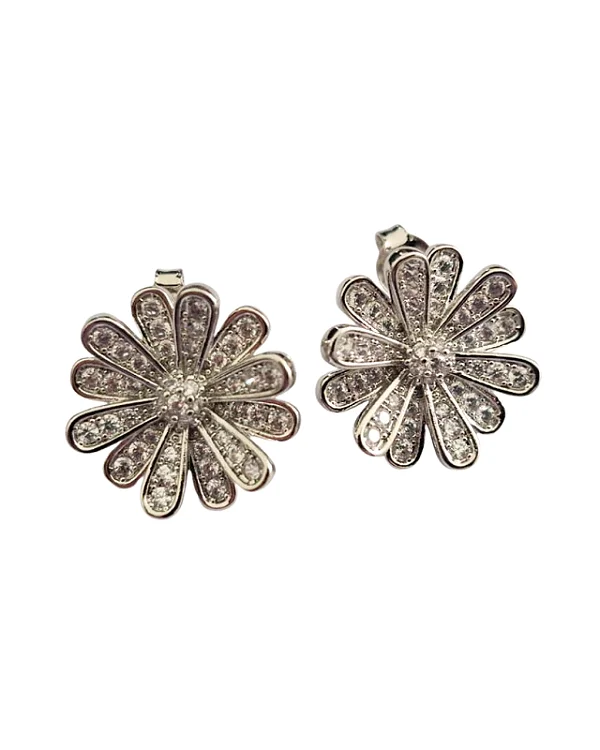 Brinco Médio Flor Cravejada com Zircônias Folheado Ródio Branco