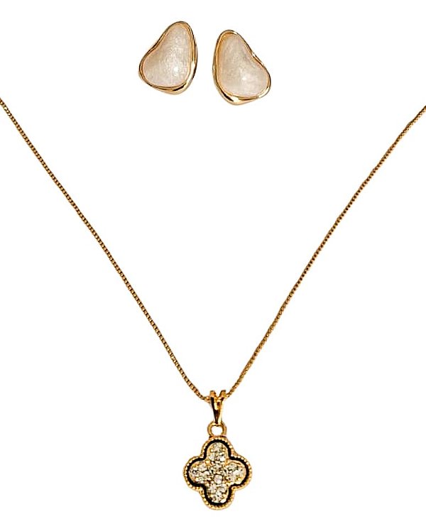 Conjunto Trevo Cravejado e Brincos Orgânicos Perolados Banhado a Ouro 18k