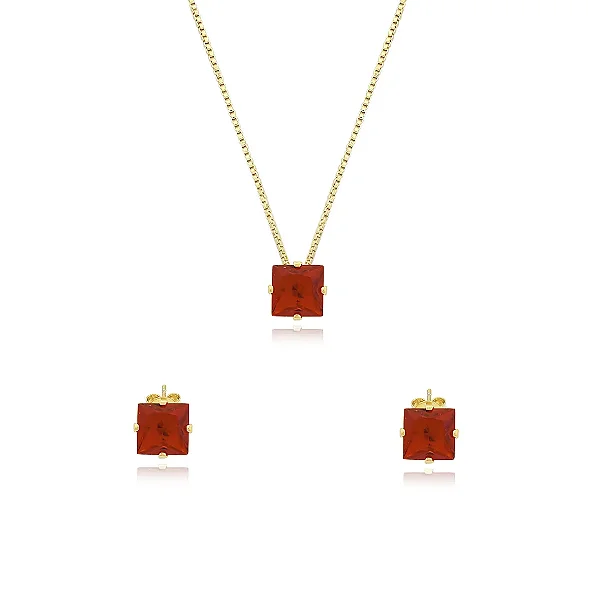 Conjunto Quadrado com Zircônias Folheado Ouro 18K