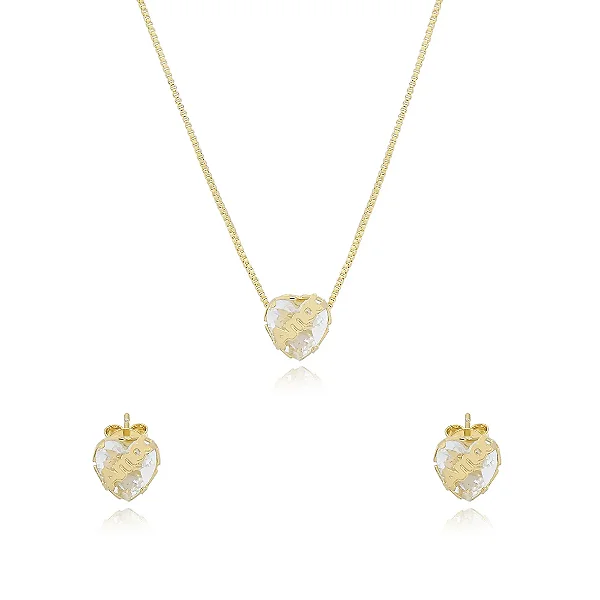 Conjunto Pedra Zircônia Coração Escrito Amor Folheado Ouro 18K