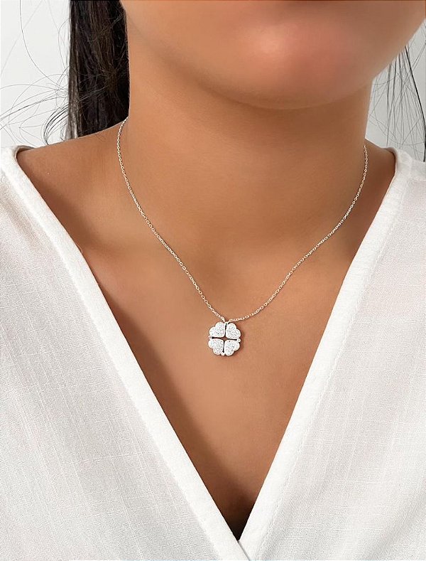 Colar Trevo/Coração Cravejado