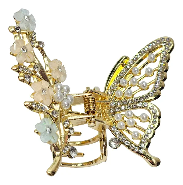 Piranha De Cabelo Borboleta De Luxo Dourada Com Strass