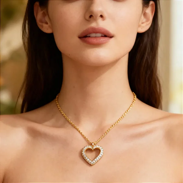 Colar Feminino Com Pingente De Coração Vazado Dourado