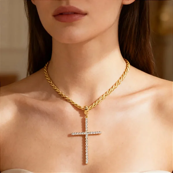 Colar Feminino Com Pingente De Cruz Fina Dourado