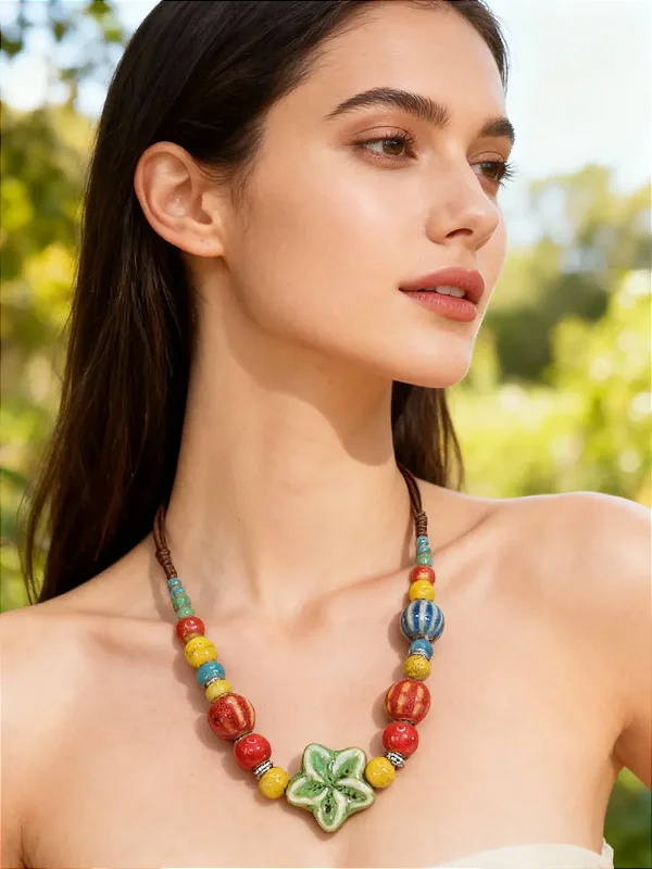 Colar Boho De Bolas De Cerâmica Esmaltada Multicolorido