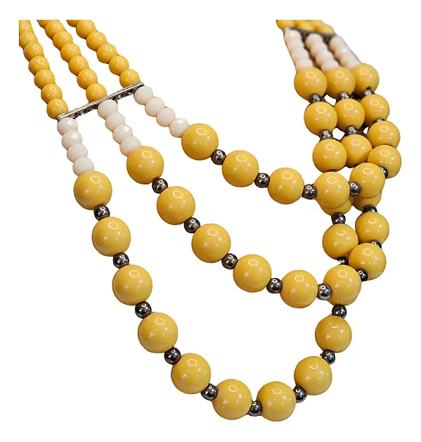 Colar Multi Fios Amarelo Miçangas Grandes Estilo Retrô