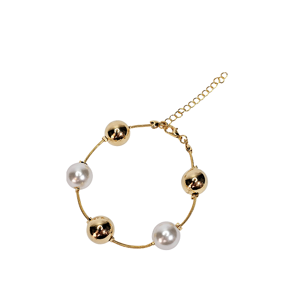 Pulseira Lisa de Esferas Dourada com Pérola