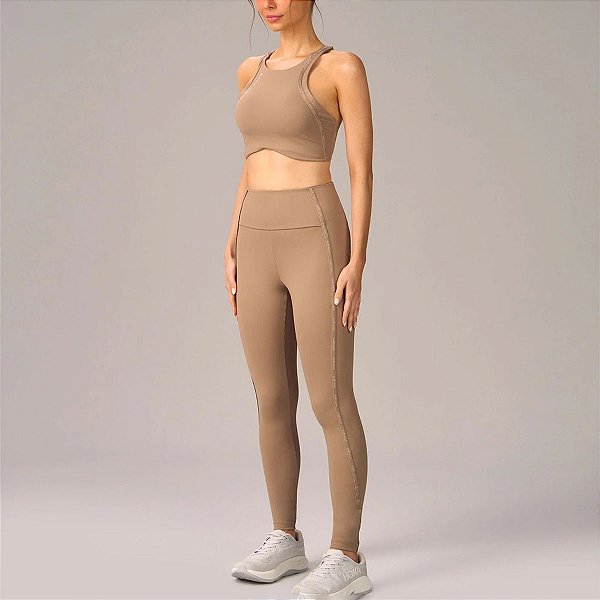 Legging Alto Giro Com Elástico Personalizado Com Bolso Bege