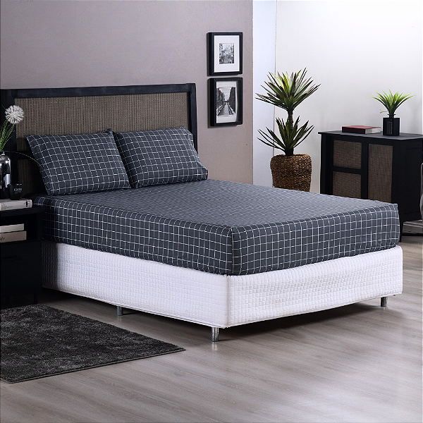 Jogo de Lençol Grid Quadriculado 3 Peças King 80% Algodão / 20% Poliéster Percal