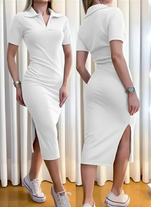 Vestido Midi em Ribana com Gola Polo Sindy Ref. 1204