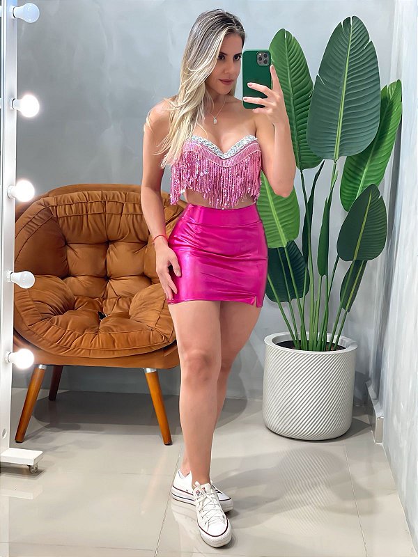 Cropped sem Alça com Lantejoulas e Franjas Tais Ref. 1873