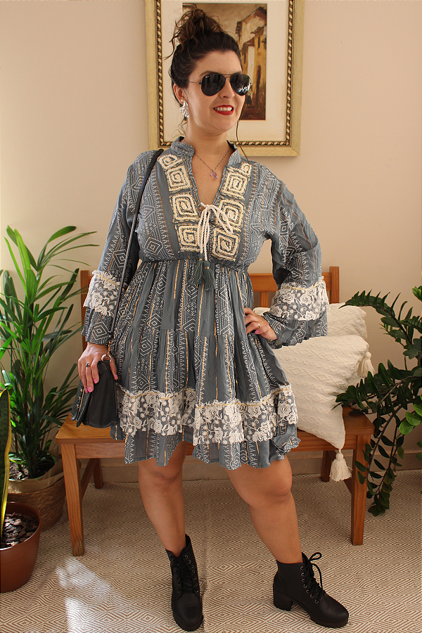 VESTIDO GEOMÉTRICO CINZA - PERSÉFONE