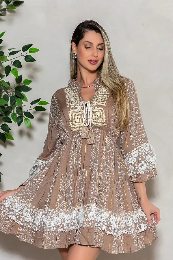 VESTIDO GEOMÉTRICO MARROM - PERSÉFONE