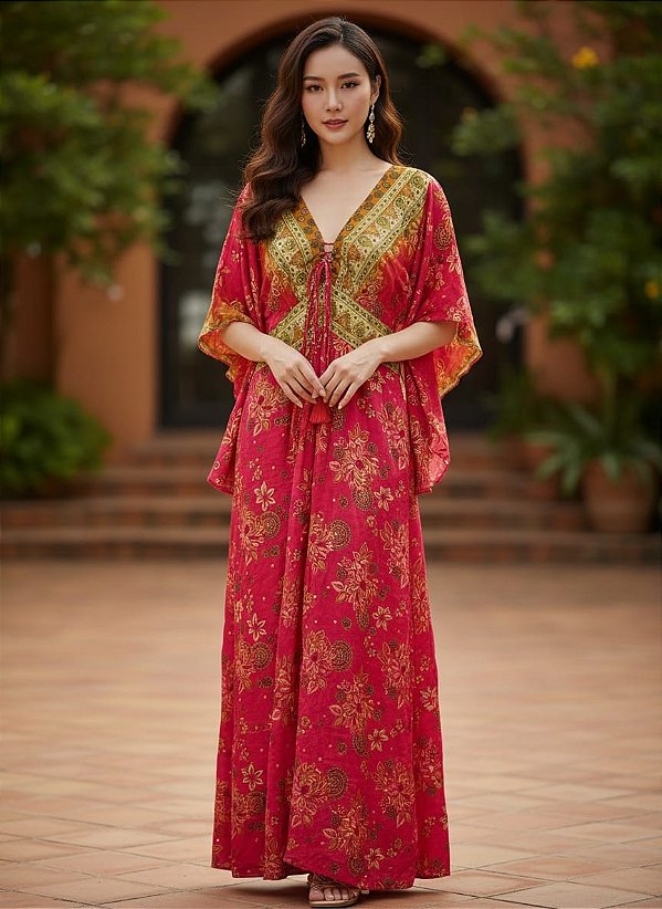 Vestido Estampado Carmesim e Ouro