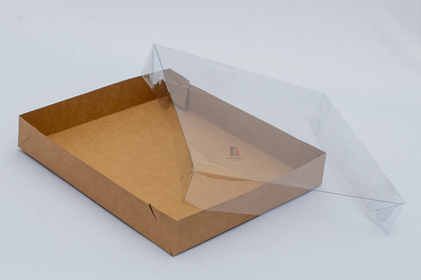 Caixa Com Tampa Pet e Fundo Cartão Kraft 26X23X4 - Kit Com 500 Unidades - Pedidos acima de 1.000 unidades possuem condições comerciais especiais. Consulte nossa equipe.