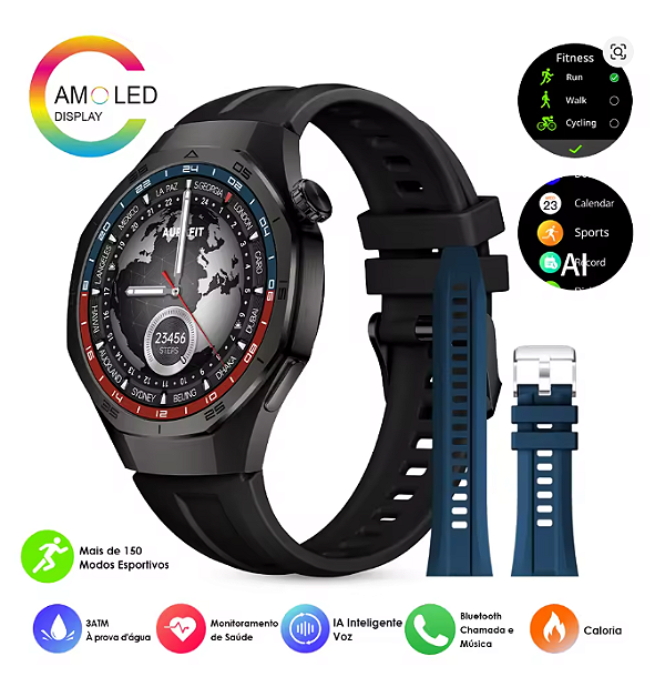 Smartwatch Aura Energy 3 - 2 pulseiras, Tela Amoled, Chamadas, 100 Modos Esportivos