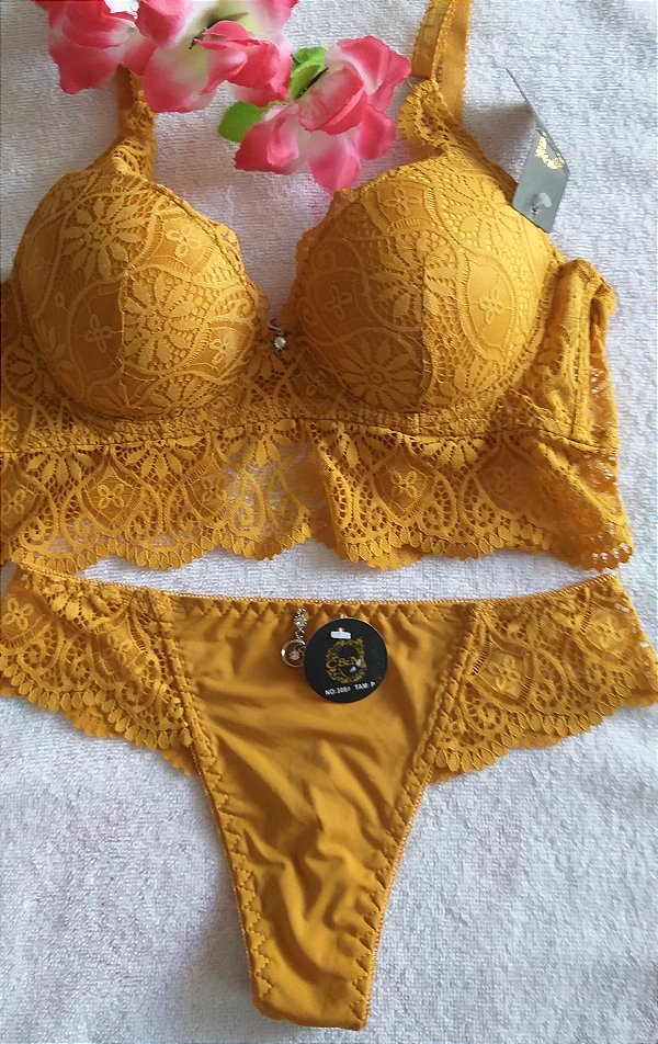 Conjunto Íntimo em Renda Mostarda com Bojo,tamanho M