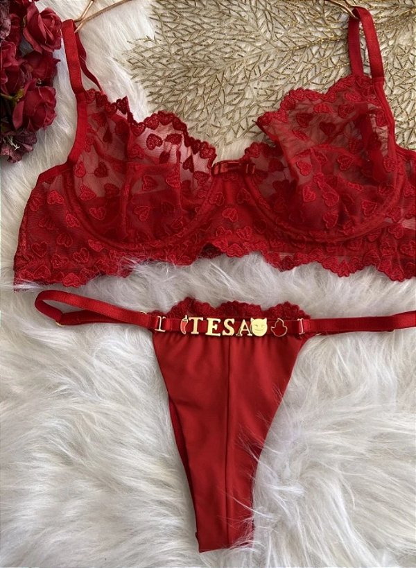 Conjunto Lingerie Fio Duplo Vermelho,tamanho M ,com frase na calcinha