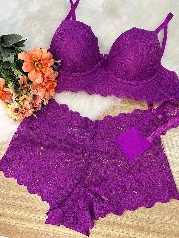 Conjunto em Renda Premium Roxo Elegante,tamanho M grande