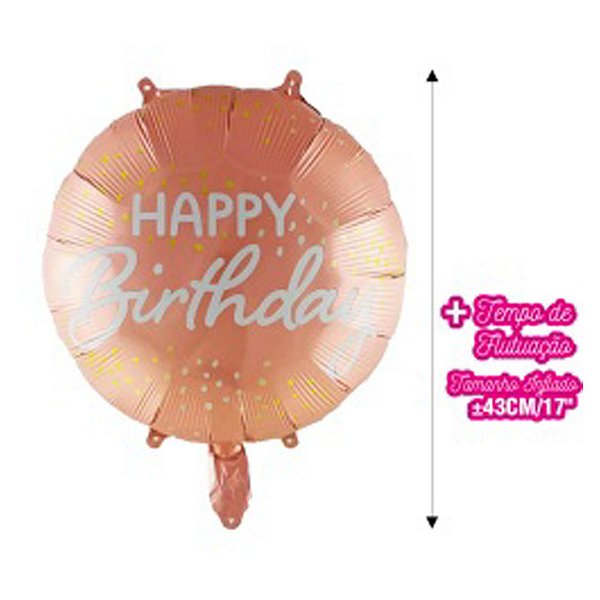 Balao Metalizado Redondo Happy Birthday Rose Gold 18"
