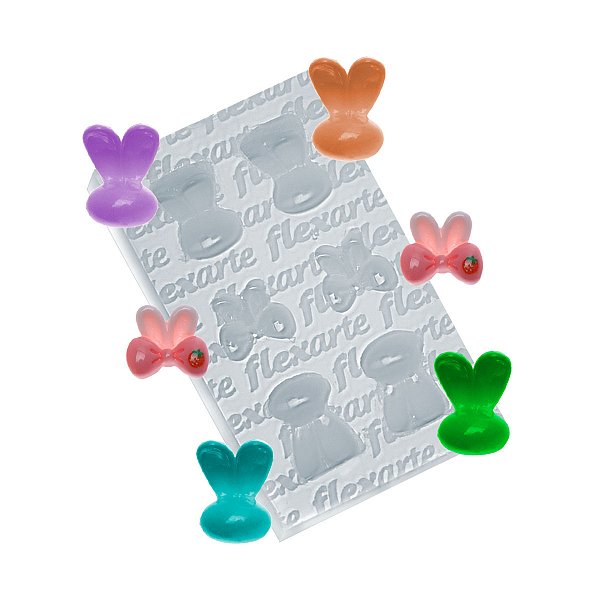 Molde de  Silicone 421 - Quarteto de Cabecinhas de Coelho + Mini Laços c/ Orelha
