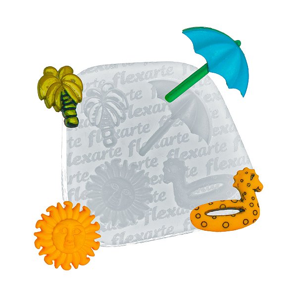 Molde de  Silicone 919 - Conjunto Praia Verão 2 - Boia + Guarda-sol + Coqueiro