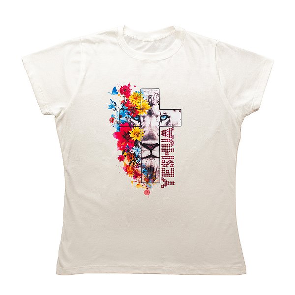 Baby Look Feminina Leão Yeshua Algodão Premium com Strass