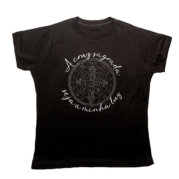 Baby Look Feminina Medalha de São Bento – Camiseta Premium Algodão com Brilho