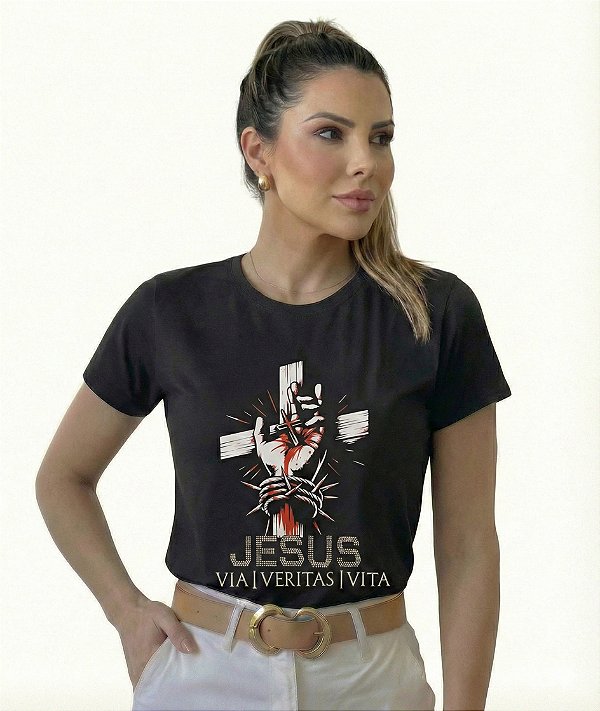 T-Shirt Cristã Mão de Jesus Brilho Premium Camiseta Algodão com Strass