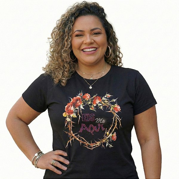 T-Shirt Plus Size Cristã Eis Me Aqui Algodão Premium com strass
