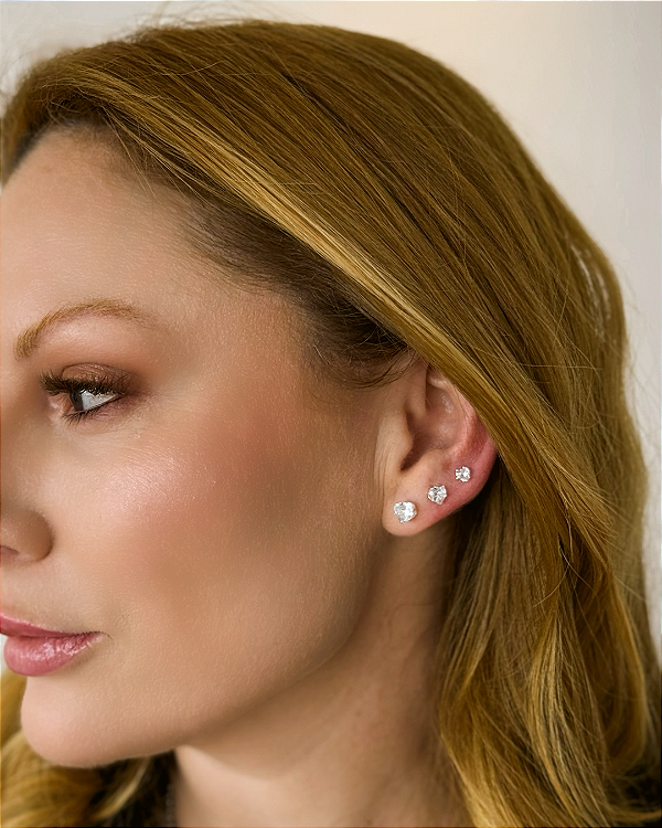 Trio Brincos Folheado Prata Coração Cristal