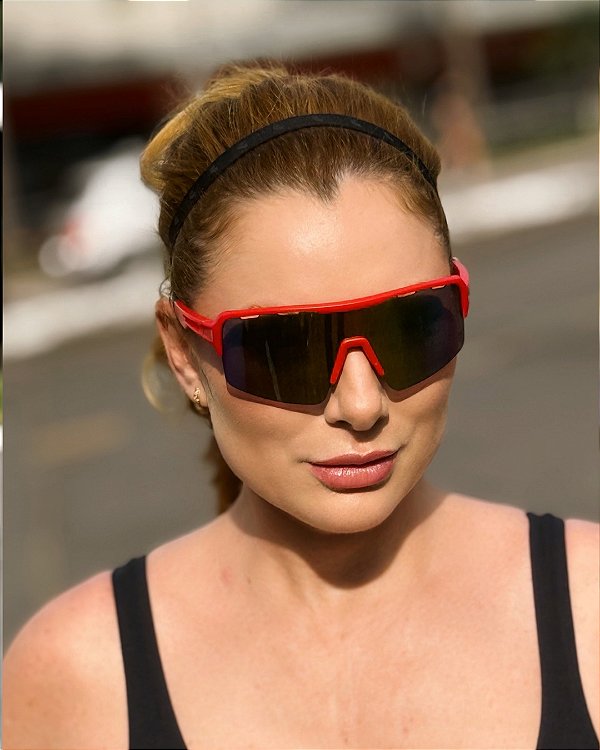 Óculos de Sol Esportivo Vermelho Lentes Pretas