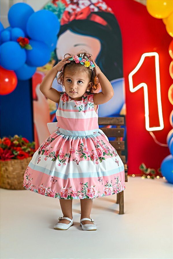 Vestido Festa Foral Azul Rosa Bebe - VESTIDO MARIA FLOR