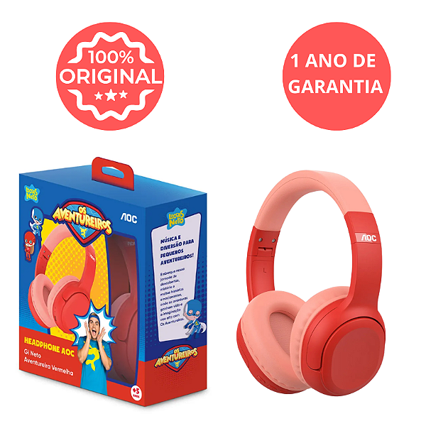 Fone Headphone Infantil Bluetooth AOC Gi Neto Aventureira GI001RD/00 – Vermelho, Som Seguro para Crianças