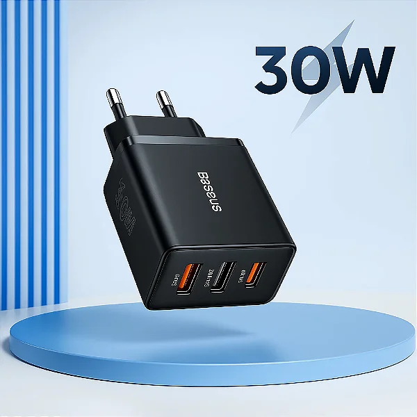 Carregador Baseus 30W Rápido 2 USB + 1 Tipo-C Original