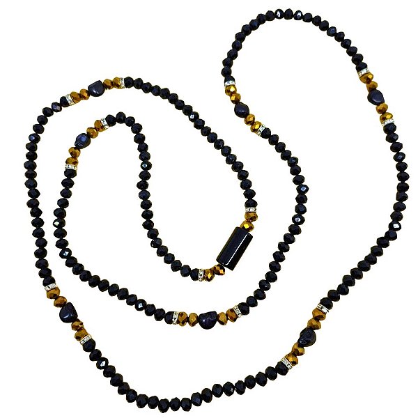 GUIA DE CRISTAL 8MM PRETO/DOURADO LEITOSO COM FIRMA
