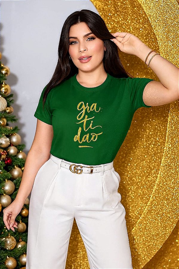 Camiseta feminina Coleção de Fim de ano Gratidão verde