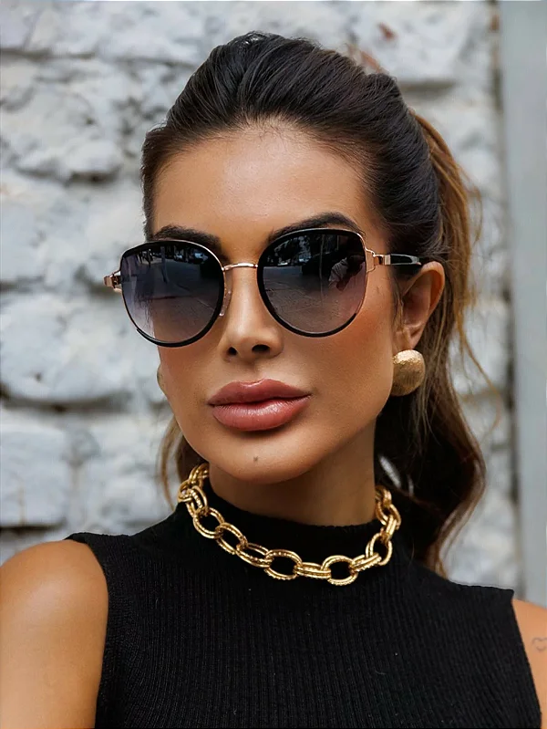 Óculos de Sol Feminino DNY Quadrado Acetato Preto com Metal – Estilo Geovana Refinado