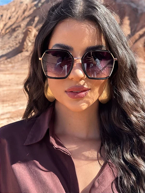 Óculos de Sol Feminino DNY Maxi Hexagonal Metal Preto – Estilo Blogueira & Impacto