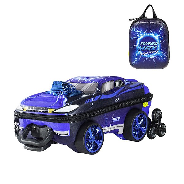 Mochila Escolar de Rodinhas 3D Hot Wheels Turbo Max - Azul