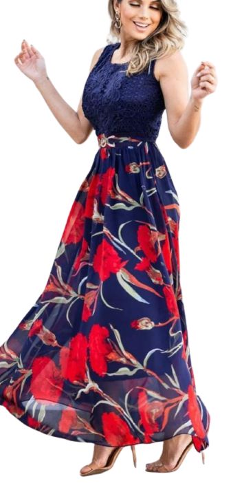 Vestido Longo Feminino Festa Evasê Chifon com Renda Lindo