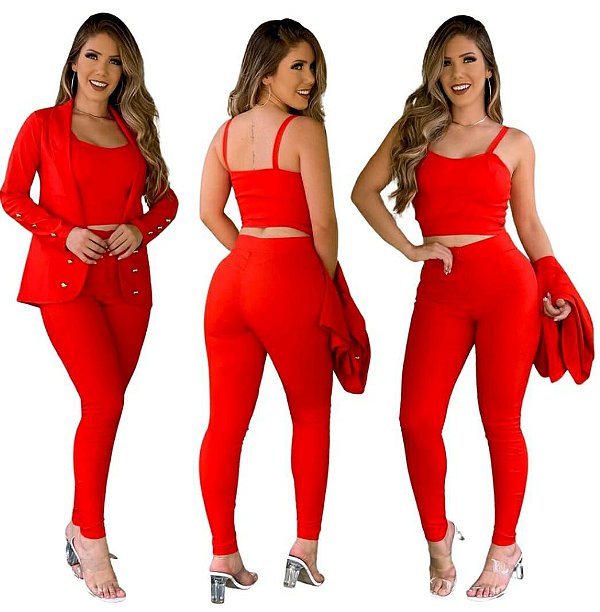 conjunto maxi blazer Feminino jaqueta Calça Top Vermelho