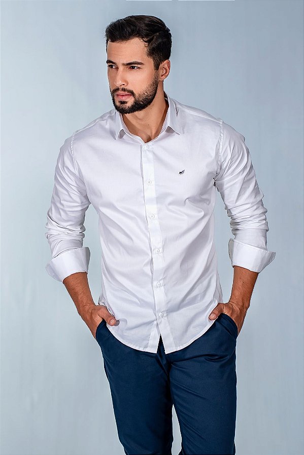 Camisa Slim Fit Masculina Branco Luxo Manga Longa Promoção